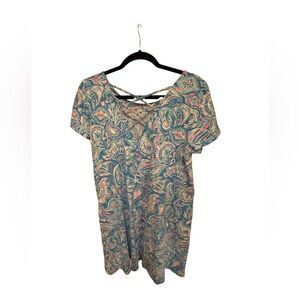 Paisley Print Blue and Pink Short Sleeve Dress